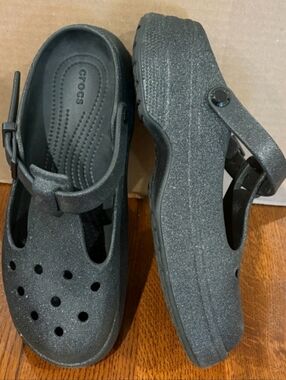 EUC Black Glitter Mary Jane Crocs. W11/M9